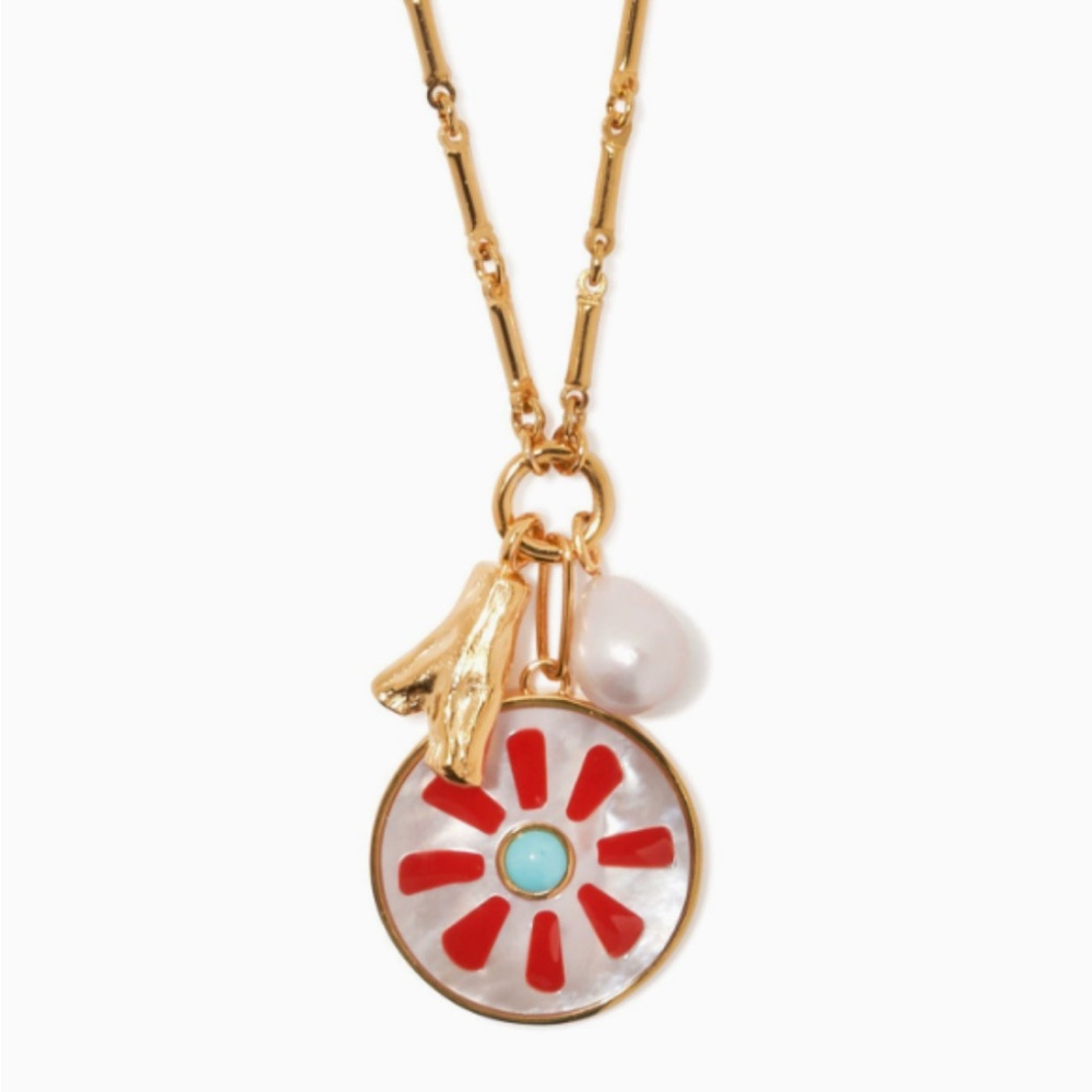 Gold-Tone Pendant Necklace with Red Enamel Flower, Turquoise Accent & Pearl